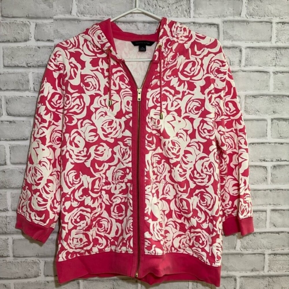 Tommy Hilfiger Womens XL Pink 34 Sleeve HoodieSweat ShirtTop wpocket floral - Picture 1 of 8